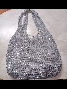 Chateau Silver Sequin Crochet Shoulder Bag